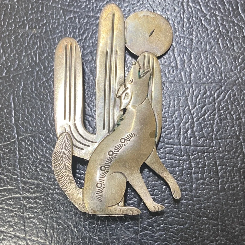 J KC Sterling Coyote and Cactus Brooch
